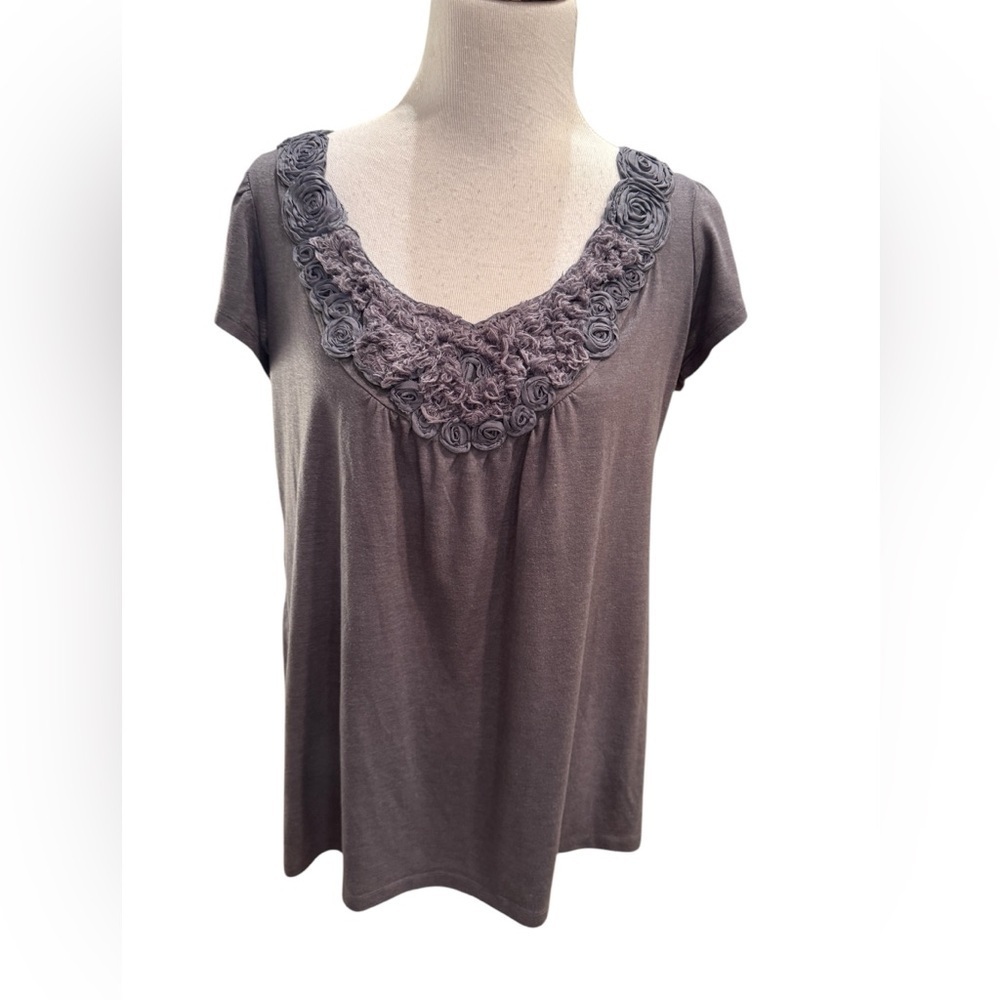 Miss Chievous Charcoal Gray Top with Cap Sleeves and Rosettes around Neckline